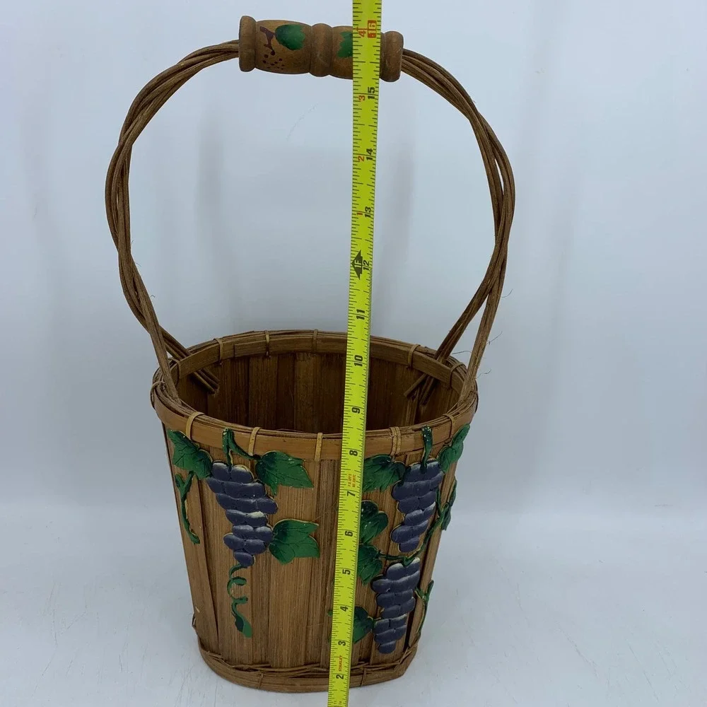 Vtg Woven Bamboo Grape Basket Cottagecore Painted Fruit Decor Rustic Country